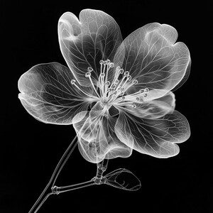 May include: A delicate white flower with intricate veins, captured in a black and white x-ray style image. The flower has five petals and a central stamen. The stem is visible, with a small leaf at the base.