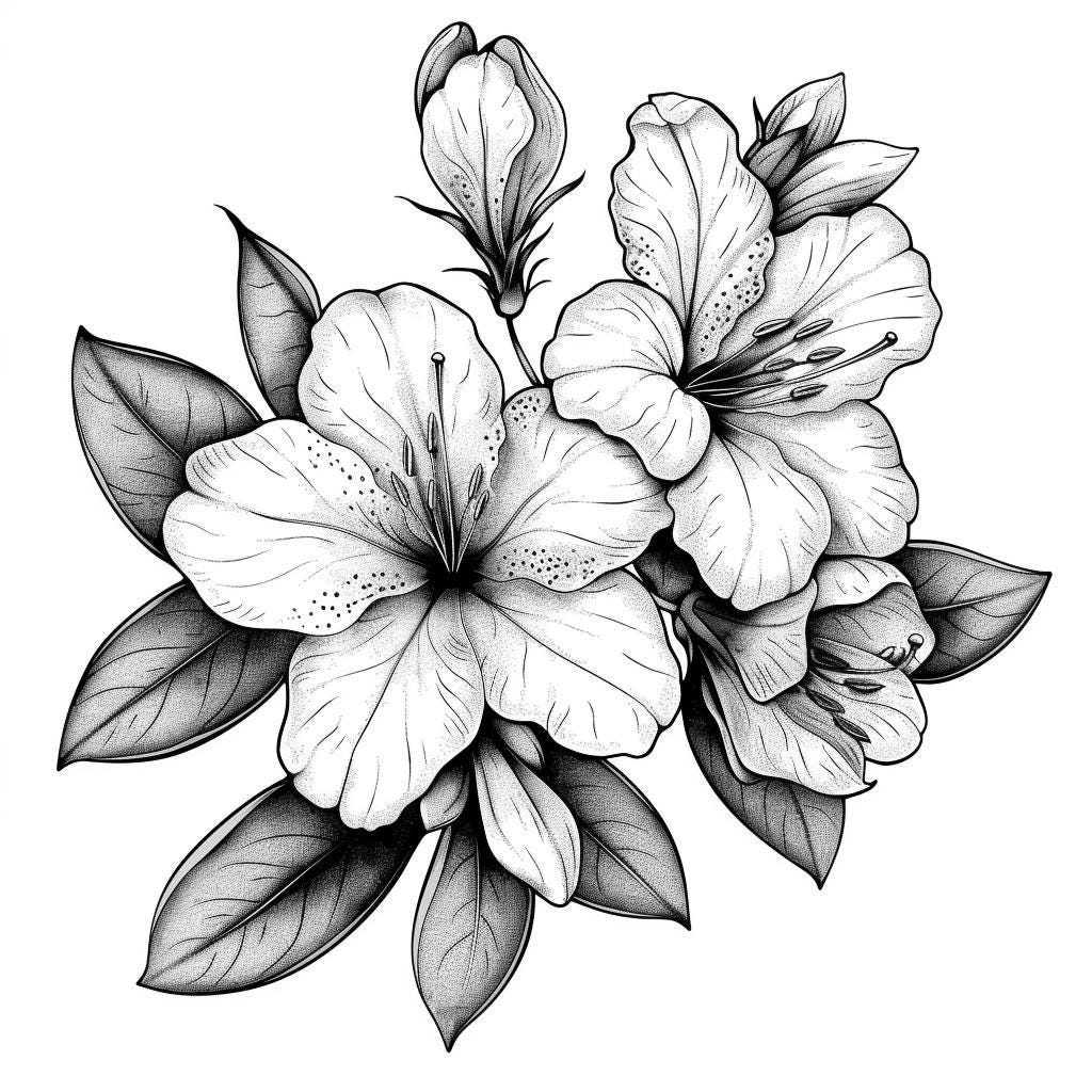 Azaleas Blooms Line Art Pen & Ink Monochrome Transparent Background ...