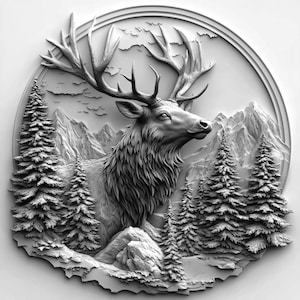 Elk Forrest Oval Bas Relief illustration  Greyscale  Bundle 1   24 Digital Ai Line Art PNG-SVG (Digital Download)