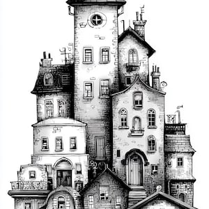 Peut inclure: Illustration en noir et blanc d'un village fantaisiste composé de bâtiments interconnectés. L'œuvre présente une haute tour avec une horloge, de nombreuses cheminées et divers styles architecturaux, créant un paysage urbain détaillé et imaginatif.