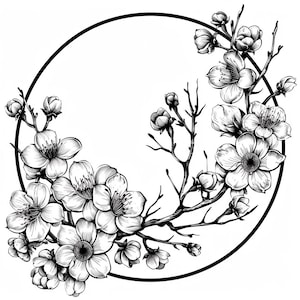 May include: Black and white illustration of a circular frame with delicate cherry blossom branches and flowers. The flowers are in full bloom and have five petals each. The branches are thin and intertwining, creating a delicate and intricate design.