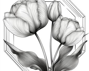 チューリップの花の線画 白黒バンドル 1 36 デジタル Ai 線画 PNG-SVG