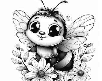 Bees and Flowers Black and White  Line Art Bundle 2   32 Digital Ai Line Art PNG-SVG (Digital Download)