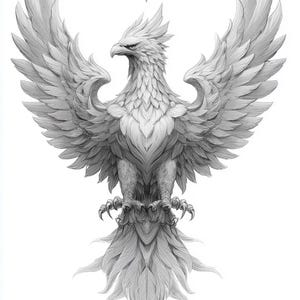 May include: Detailed grayscale illustration of a phoenix with outstretched wings. The bird's feathers are intricately drawn, creating a textured effect. The phoenix is centered, with a diamond shape above it. The artwork is on a white background.