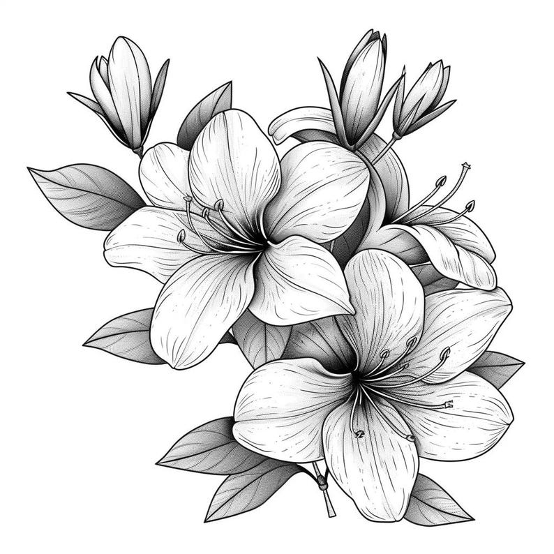 Azaleas Blooms Line Art Pen & Ink Monochrome Transparent Background ...