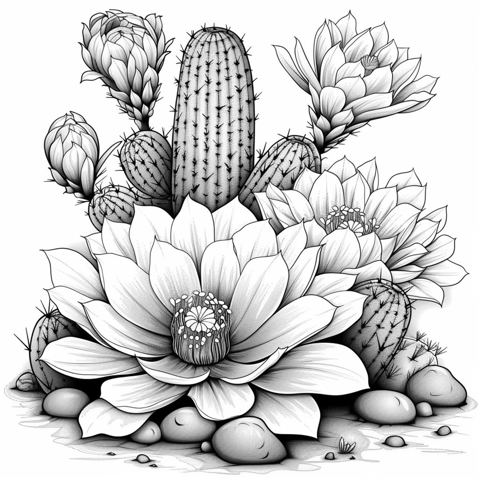 Cactus Blooms Line Art Black and White Bundle 1 24 Digital Ai Line Art ...