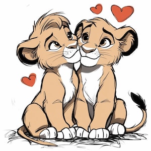 Lion Cubs with Hearts  Color/Black and White Line Art Bundle 2   34  Digital  Ai Images PNG SVG (Digital Download)