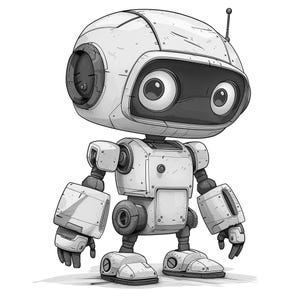 Op de afbeelding: Een zwart-wit illustratie van een vriendelijke robot. De robot heeft een ronde kop met grote, expressieve ogen en een kleine antenne. Zijn lichaam is gemaakt van rechthoekige en cilindrische vormen, met gelede armen en benen.