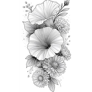 May include: A black and white line art illustration featuring a vertical arrangement of large morning glory flowers and smaller daisy-like blossoms. The design includes detailed petals, delicate leaves, and small buds, all rendered with fine ink strokes.