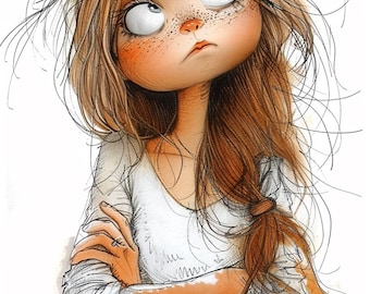May include: A cartoon illustration of a young person with brown hair, wearing a white long-sleeved shirt and blue jeans. The person has a serious expression and is looking up and to the left. The person's hair is messy and pulled back in a ponytail.