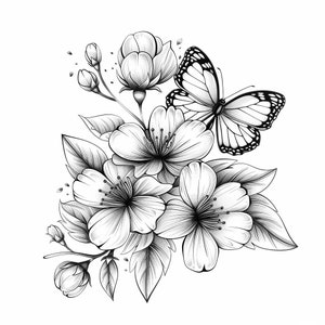 桜と蝶の黒/白の線画バンドル 2 48 デジタル線画 Ai SVG PNG