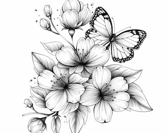 Cherry Blossoms and Butterfly Black/White Line Art  Bundle 2     48  Digital Ai Line Art   Svg Png