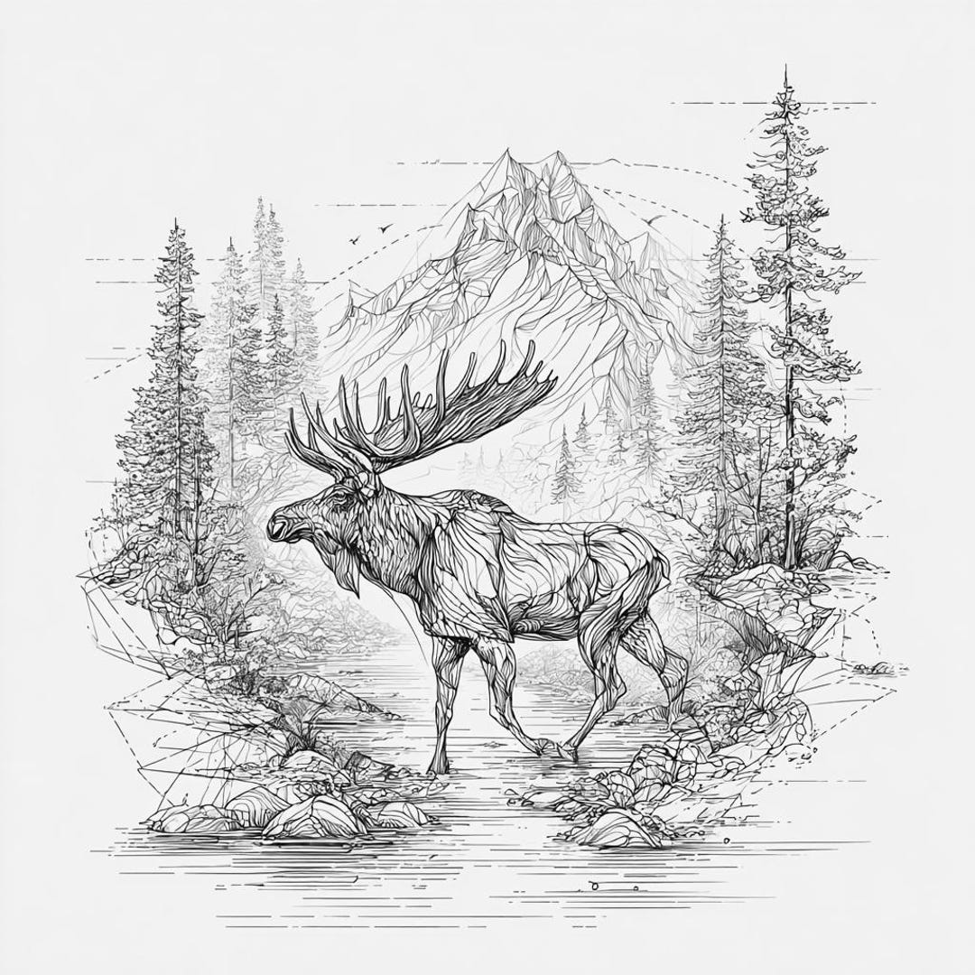 Moose Forest Line Art Bundle: Abstract Black and White PNG SVG (digital ...