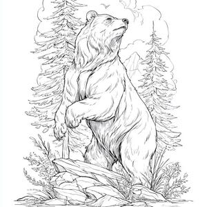 Pode incluir: Ilustração detalhada em preto e branco de um urso em pé em um cenário de floresta. O urso é o ponto focal, com pelo detalhado e uma pata levantada. Árvores, rochas e um riacho completam a cena natural.