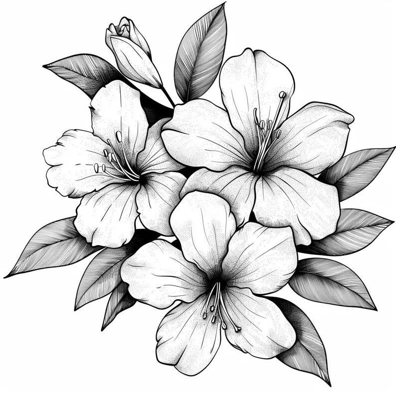 Azaleas Blooms Line Art Pen & Ink Monochrome Transparent Background ...