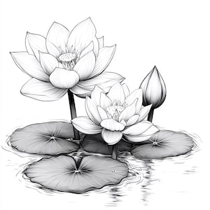 Water Lily Blooms  Line Art  Black and White Bundle 1      26 Digital Ai Line Art PNG-SVG (Digital Download)