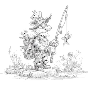May include: Detailed black and white illustration of a fisherman with a large mustache and hat, standing on rocks. He holds a fishing rod with a fish on the line. A backpack and small bird are also present.