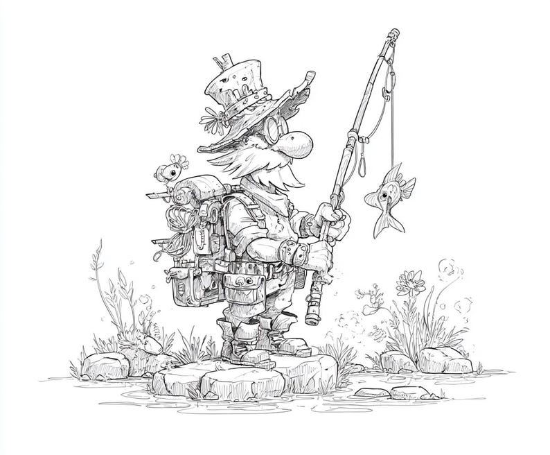May include: Detailed black and white illustration of a fisherman with a large mustache and hat, standing on rocks. He holds a fishing rod with a fish on the line. A backpack and small bird are also present.