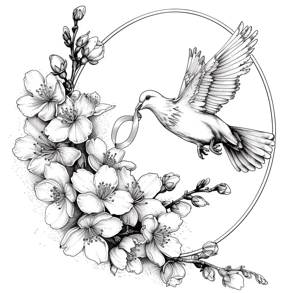Cherry Blossoms and Doves Black/white Line Art Bundle 3 40 Digital Ai ...