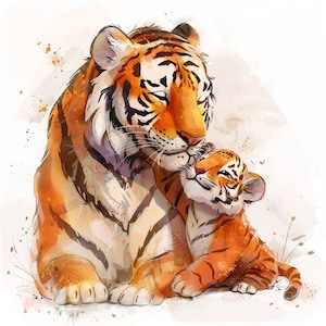 Tiger and Cub in Watercolor Illustration Bundle 1.     24 Digital Line Art Ai  Svg-Png