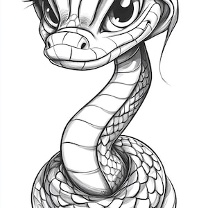May include: A black and white line drawing of a snake with large eyes and eyelashes. The snake is curled up in a coil.