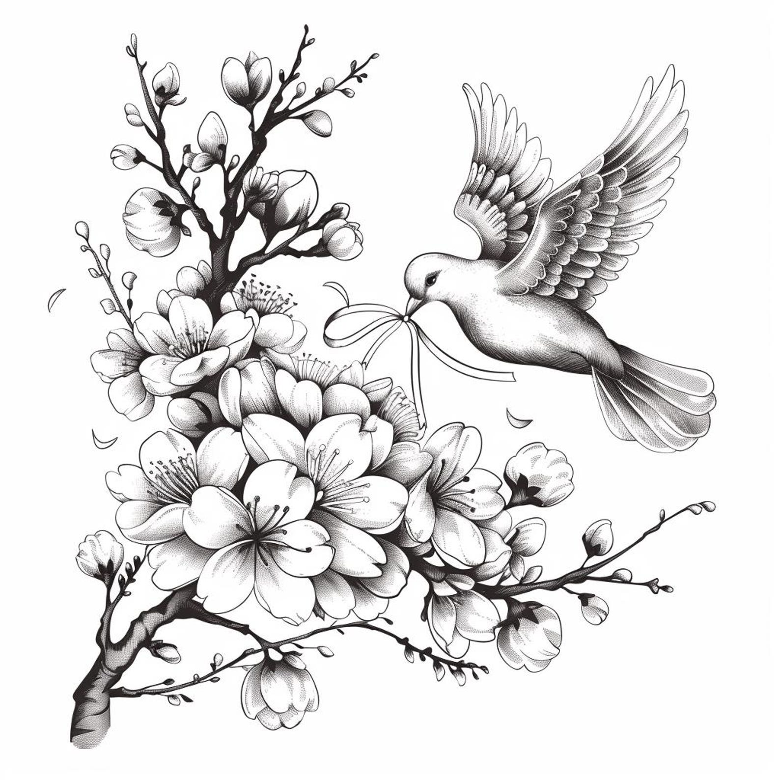 Cherry Blossoms and Doves Black/white Line Art Bundle 4 36 Digital Ai ...