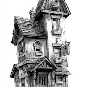 Könnte beinhalten: Schwarz-Weiß-Illustration eines skurrilen, mehrstöckigen Hauses mit steilem Dach und Kreuz. Das Haus hat Stein- und Holzelemente, mehrere Fenster und eine kleine Veranda mit Stufen. Der Stil erinnert an ein Märchen.