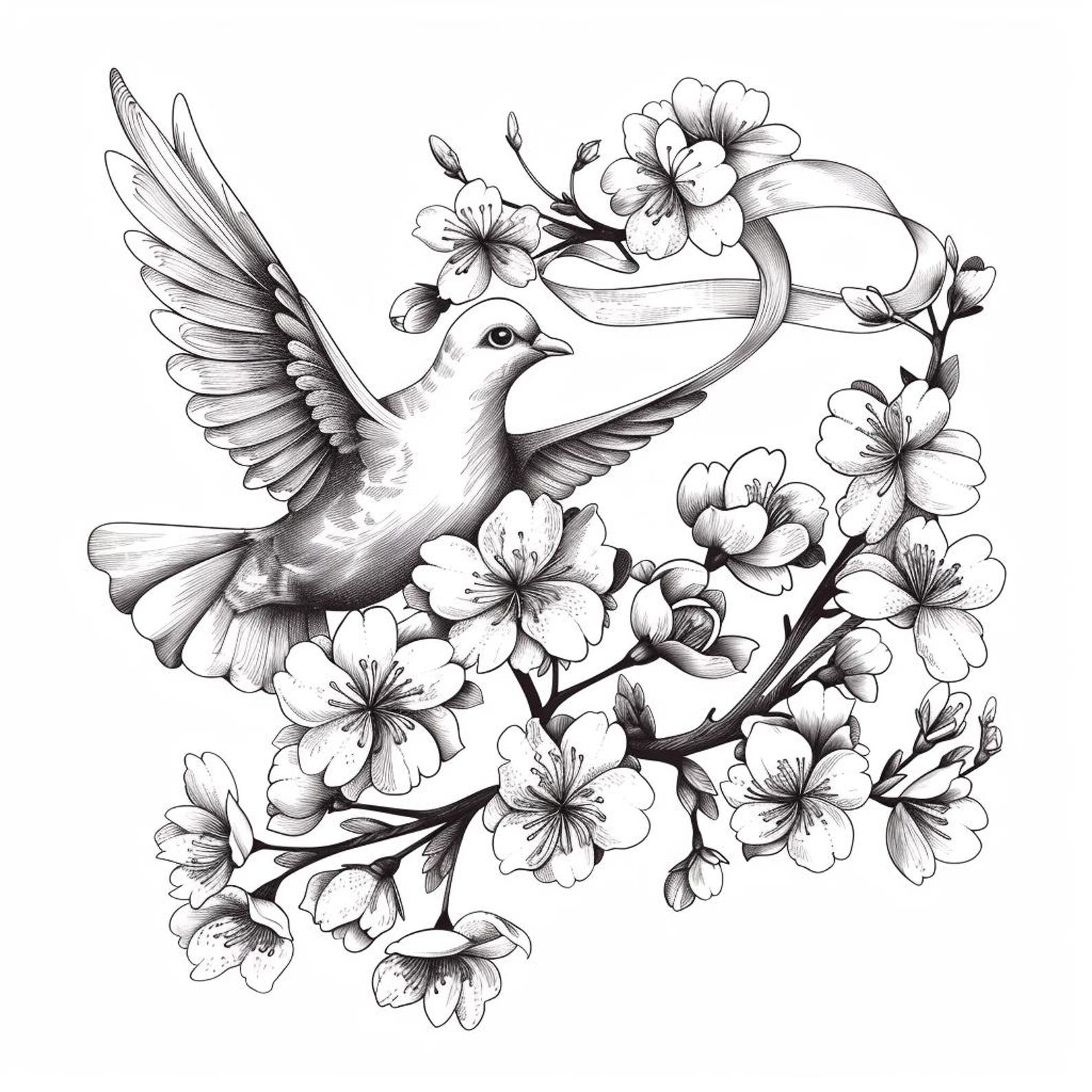 Cherry Blossoms and Doves Black/white Line Art Bundle 4 36 Digital Ai ...