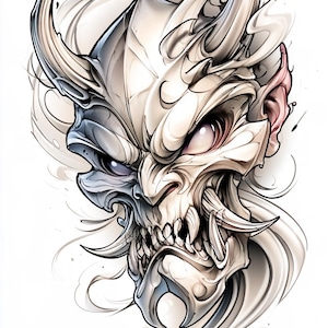 Peut inclure: Une illustration détaillée d'un masque de démon cornu avec des dents pointues et une expression menaçante. L'œuvre utilise une palette de tons blanc cassé, crème et bleu-gris doux avec des lignes fluides entourant la tête.