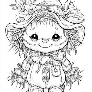 May include: A black and white line art illustration of a scarecrow doll. The doll wears a wide-brimmed hat adorned with flowers and leaves, a collared shirt with two large buttons, and pants with visible patches. The doll has stitched facial features.