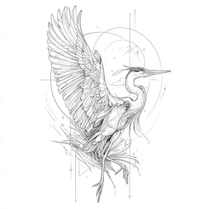 Peut inclure: Illustration en noir et blanc d'un héron en plein vol, ailes déployées. L'oiseau est représenté avec des détails de plumes complexes, sur fond de formes géométriques et d'éléments célestes. L'œuvre a un style artistique délicat.