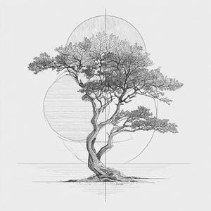 Könnte beinhalten: Detaillierte Schwarz-Weiß-Illustration eines Baumes mit verdrehtem Stamm und ausladenden Ästen. Der Baum ist vor einem Hintergrund aus sich überlappenden Kreisen und Linien platziert, wodurch ein minimalistisches, künstlerisches Design entsteht. Das Kunstwerk weckt ein Gefühl von Natur und Ruhe.