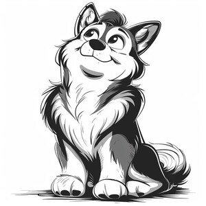 May include: Black and white illustration of a cartoon husky dog sitting and looking up. The dog has a fluffy tail and a friendly expression.