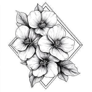 May include: A black and white line drawing of a bouquet of flowers in a diamond-shaped frame. The flowers are stylized and have five petals each.