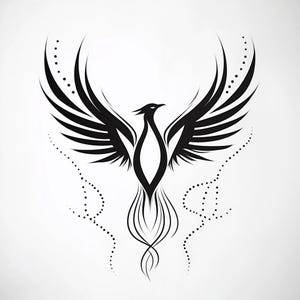 May include: Black and white stylized illustration of a phoenix with its wings spread wide. The phoenix is depicted in a tribal style with intricate details.