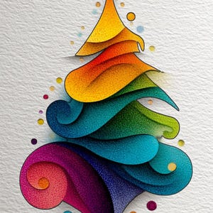 May include: A colorful, abstract Christmas tree illustration. The tree is composed of layered, swirling shapes in shades of yellow, orange, green, blue, and purple. The background is a textured white. Decorative dots of various colors surround the tree.