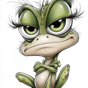 May include: A cartoon-style illustration of a green frog with large, expressive eyes, long eyelashes, and messy hair. The frog has a light-coloured belly, dark green spots on its skin, and is sitting with its arms crossed in a stern, grumpy pose.