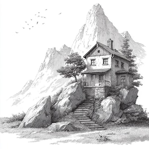 Peut inclure: Illustration en noir et blanc d'une maison à deux étages perchée sur une falaise rocheuse, avec une montagne en arrière-plan. Un escalier en pierre mène à la maison, et des arbres et des oiseaux sont également visibles.