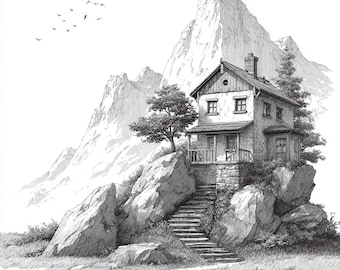 House Cartoon Mountain Cabin Black and White Bundle 2      20  Digital Ai Line Art PNG-SVG (Digital Download)