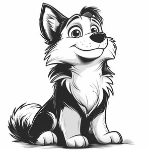 May include: Black and white cartoon illustration of a husky dog sitting with its head tilted up and a smile on its face.