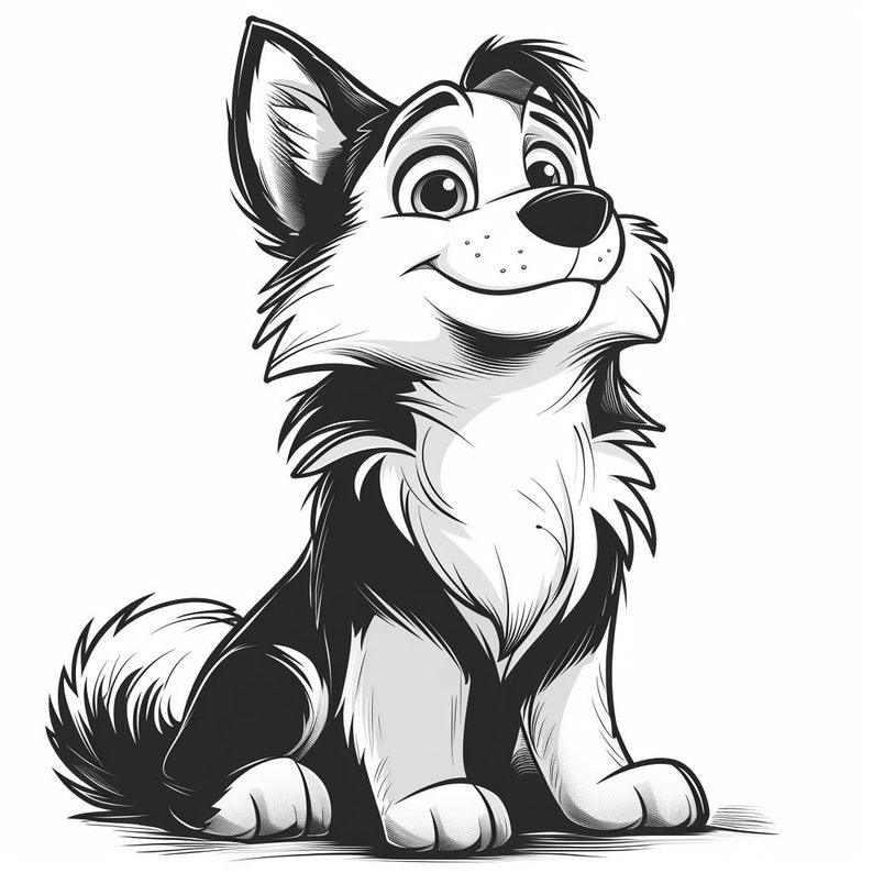 May include: Black and white cartoon illustration of a husky dog sitting with its head tilted up and a smile on its face.