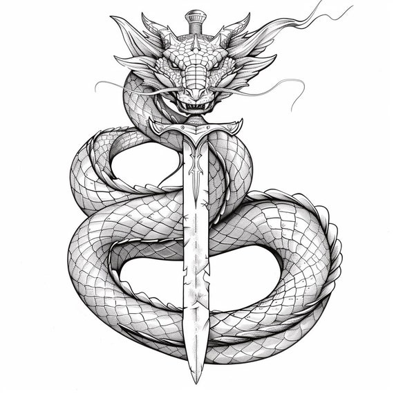 ドラゴン 線画 手描き B4 剣を持ったドラゴンの漫画の白黒バンドル 1.36 デジタル Ai 線画 PNG