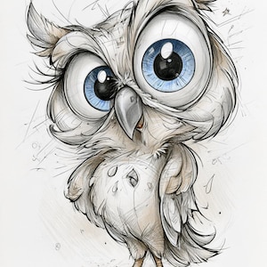 May include: A sketch-style illustration of an owl with oversized, expressive blue eyes, a grey beak, and detailed feather textures. The drawing features loose pencil lines, soft shading, and small star accents, capturing a whimsical character design.