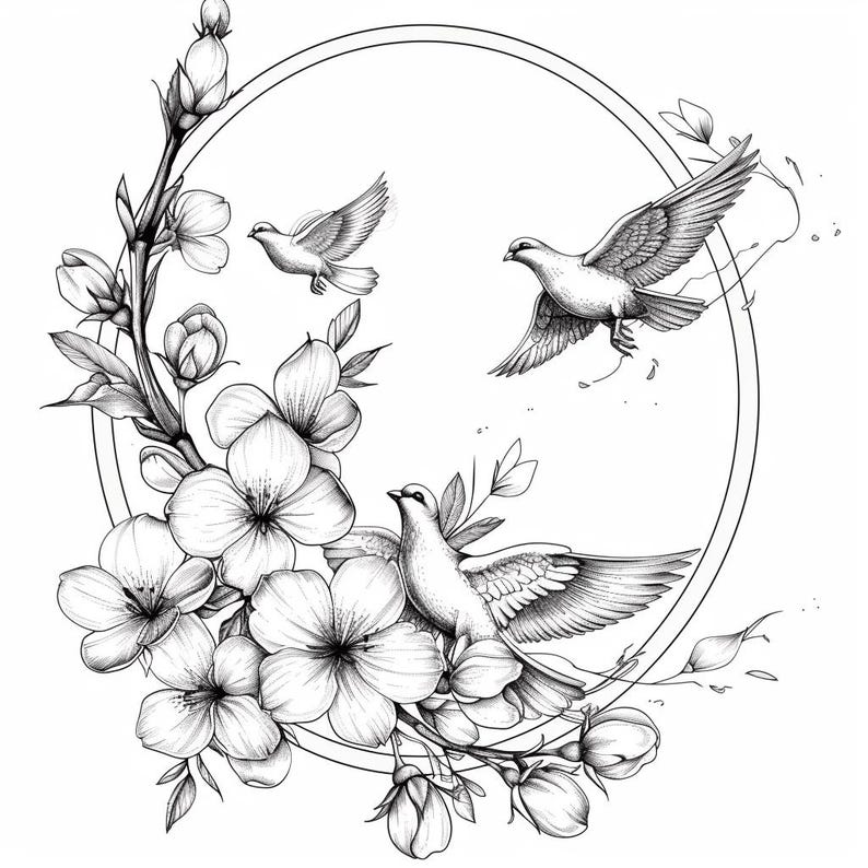 Cherry Blossoms and Doves Black/white Line Art Bundle 2 40 Digital Ai ...