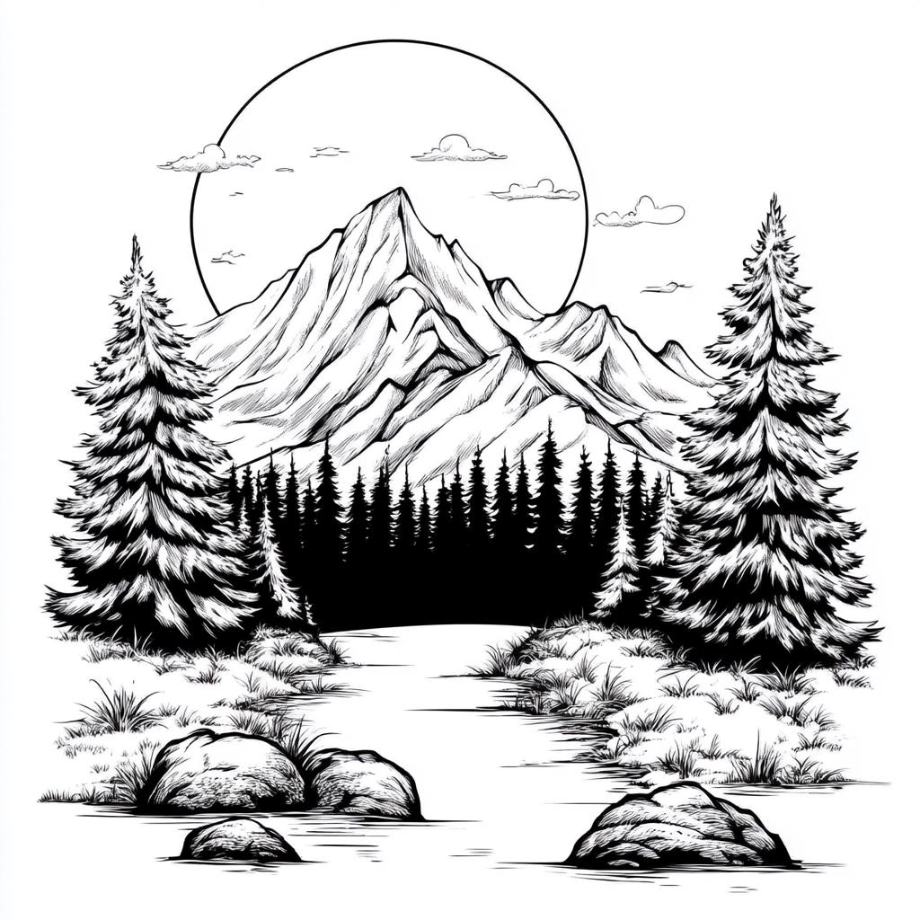 Mountain Logo Line Art Bundle: Black & White PNG SVG (digital