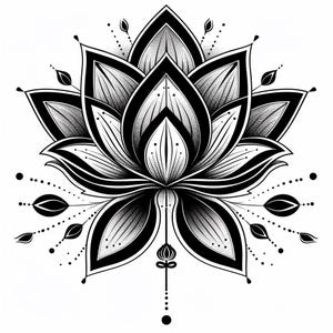 May include: A black and white line art illustration of a lotus flower with intricate details. The flower is surrounded by small dots and leaves.