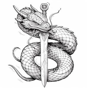 Dragon with Sword Cartoon Black and White  Bundle 2   36  Digital Line Art Ai  Svg-Png