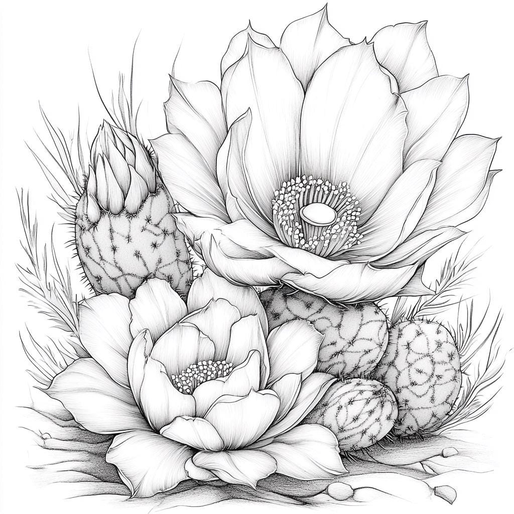 Cactus Blooms Line Art Black and White Bundle 4 32 Digital Ai Line Art ...