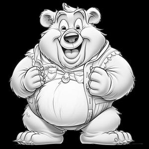 Puede incluir: Un dibujo en blanco y negro de un oso de dibujos animados que lleva un chaleco con una insignia y una corbata de lazo. El oso sonríe y tiene una gran barriga.