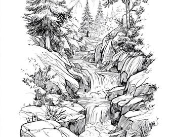 Stream Mountain Line Art Black and White Bundle 1 24 Digital Ai